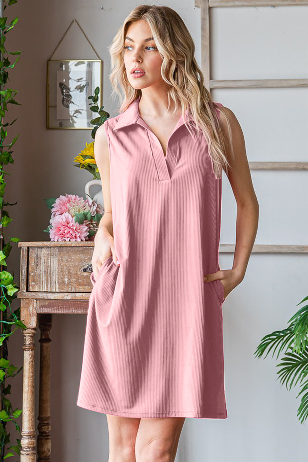 Heimish Full Size Ribbed Johnny Collar Sleeveless Dress *