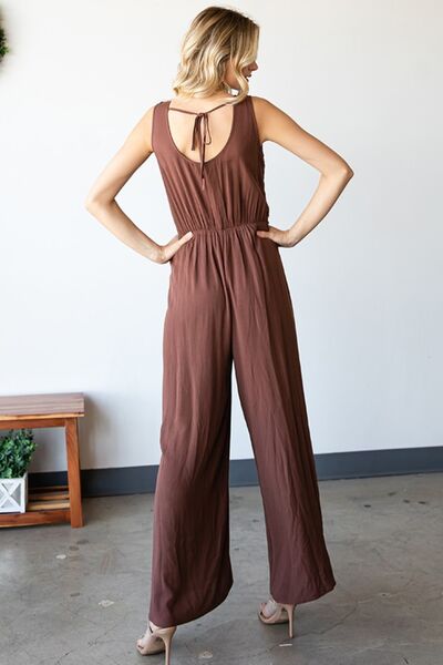 First Love Tie Back Sleeveless Slit Wide Leg Jumpsuit *