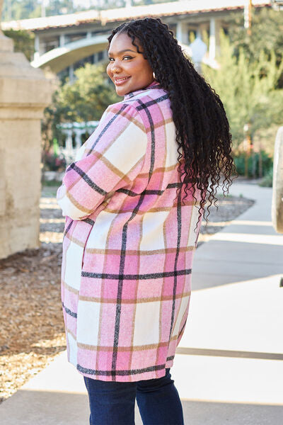 Double Take Full Size Plaid Button Up Lapel Collar Coat *