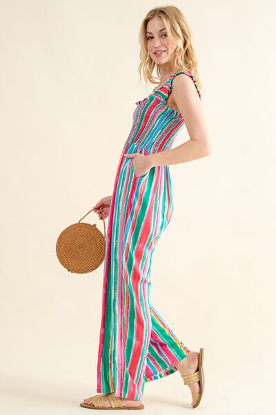 And The Why Full Size Striped Smocked Sleeveless Jumpsuit *