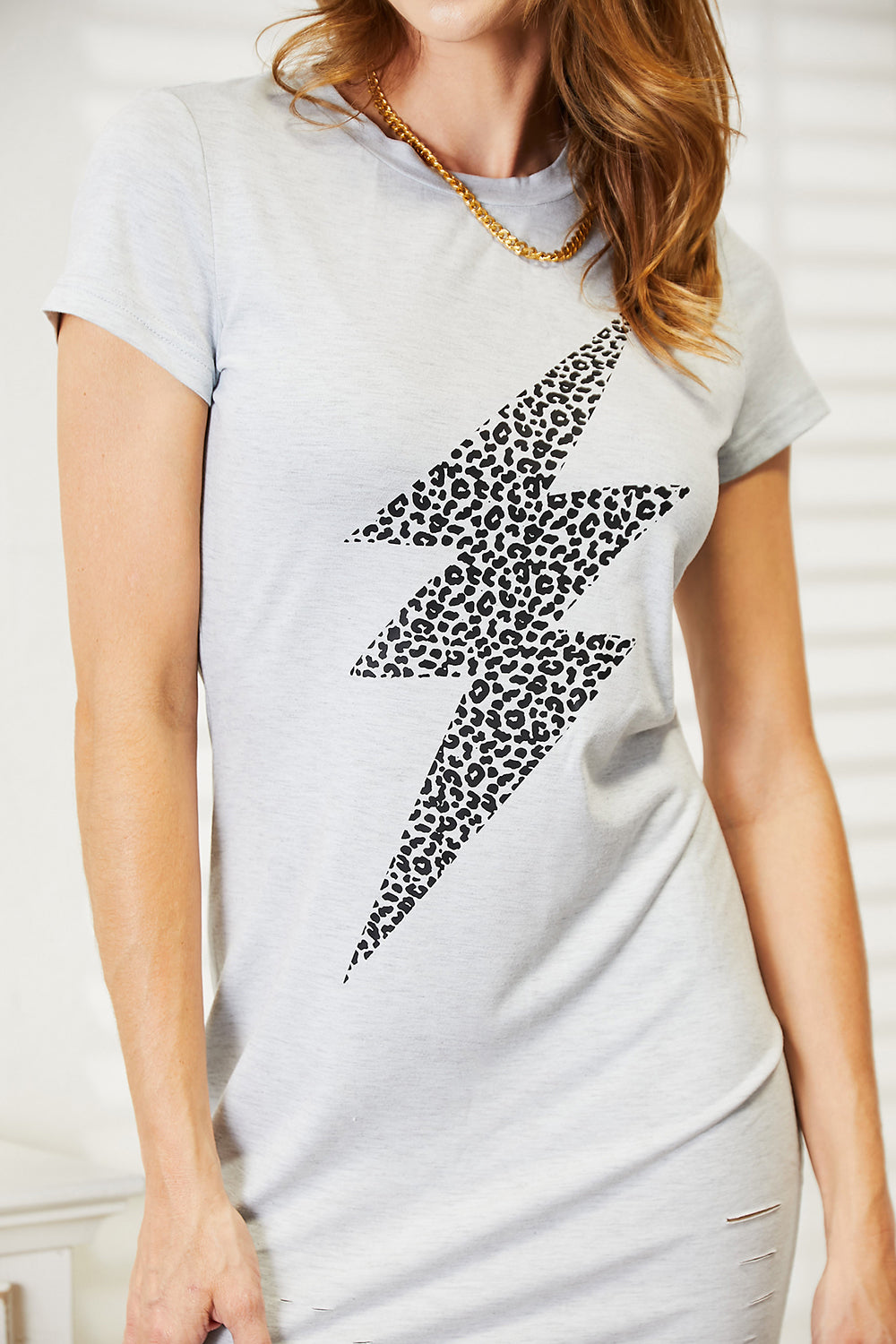 Double Take Leopard Lightning Graphic Light Gray Tee Dress *