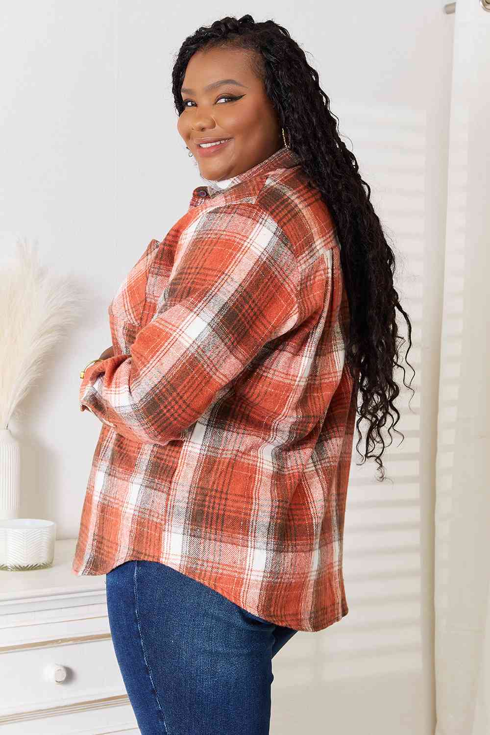 Double Take Plaid Collared Neck Long Sleeve Shirt *