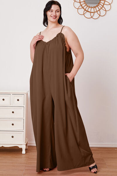Double Take Full Size Ruffle Trim Tie Back Cami Jumpsuit with Pockets *