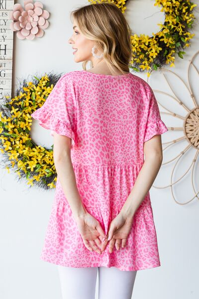 Heimish Full Size Leopard Ruffle Trim Short Sleeve Top *