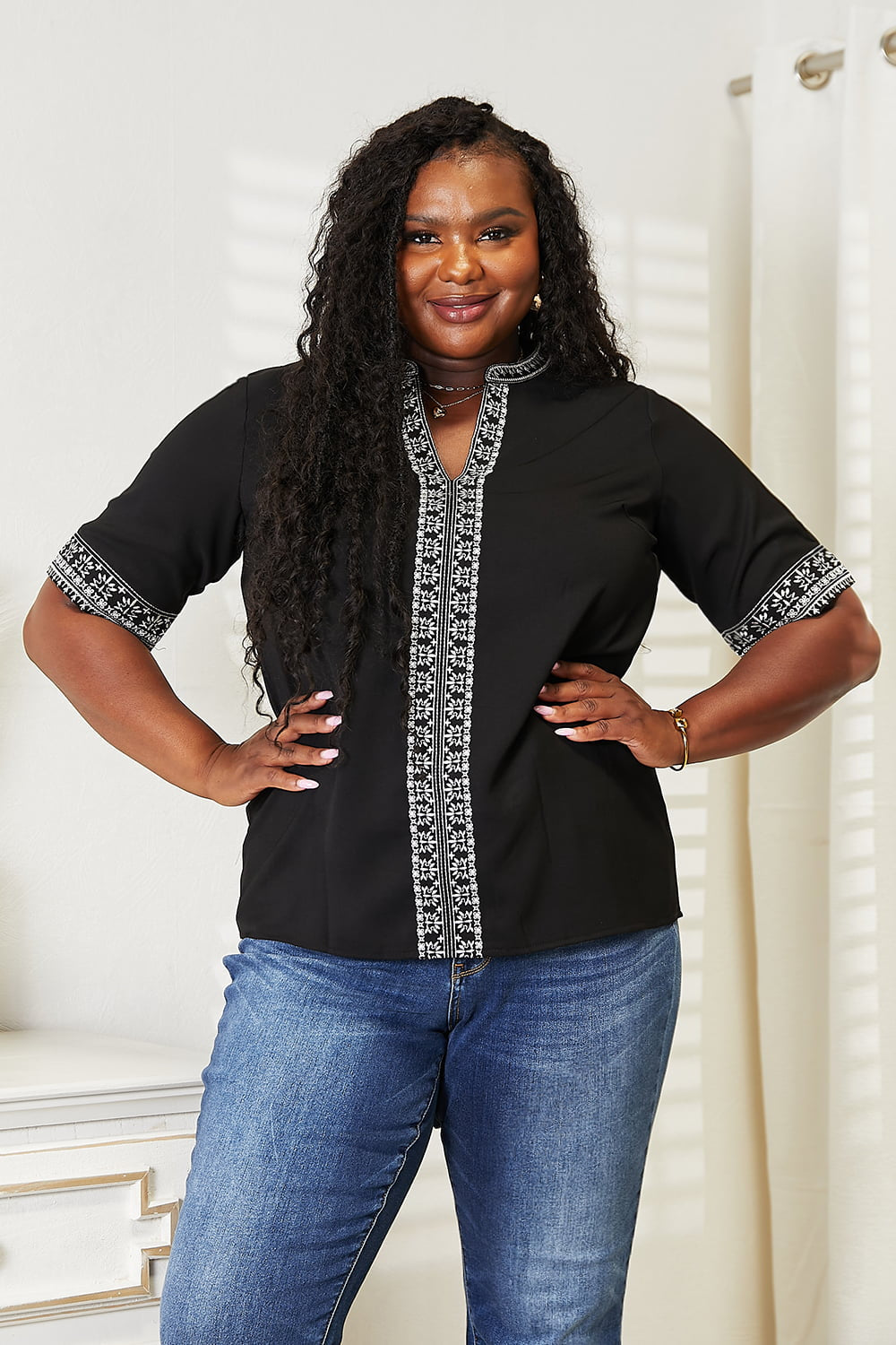 Double Take Black Full Size Embroidered Notched Neck Top *