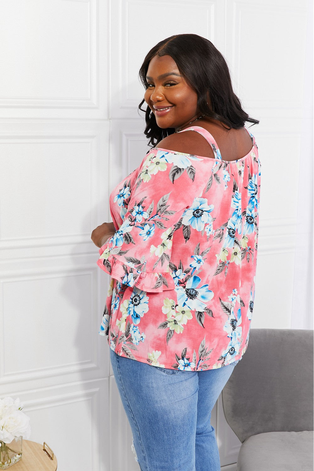 Women's Sew In Love Full Size Fresh Take Floral Short Sleeve Cold-Shoulder Top *