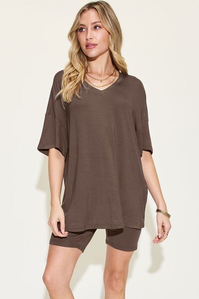 Basic Bae Full Size V-Neck Drop Shoulder Short Sleeve T-Shirt and Shorts Set *
