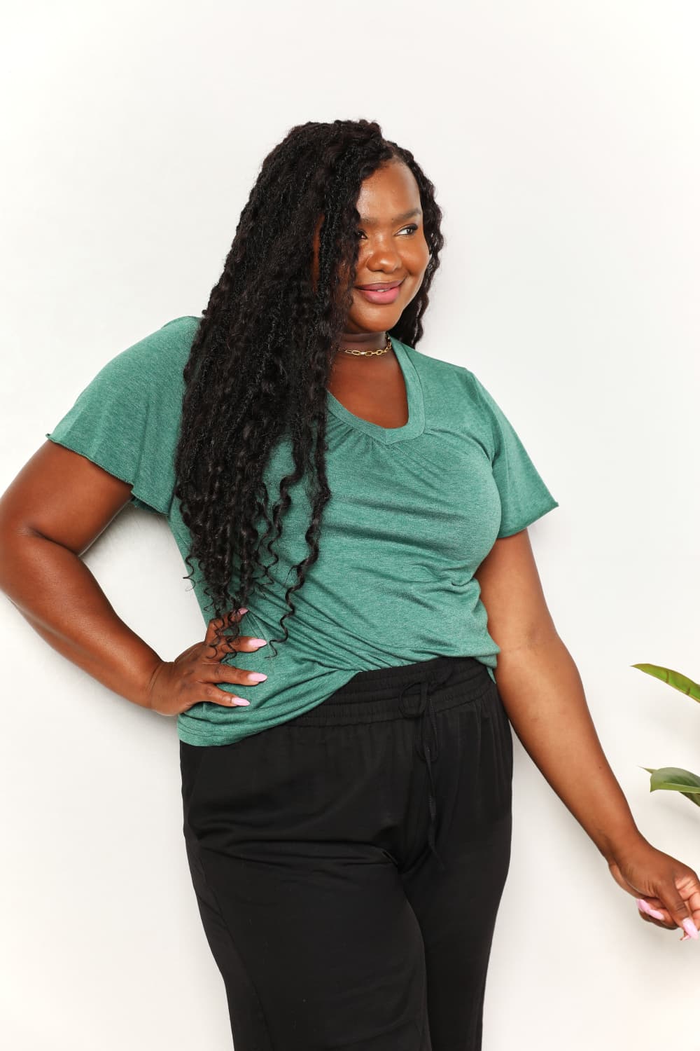 Full Size Double Take Ruched V-Neck Short Sleeve T-Shirt *
