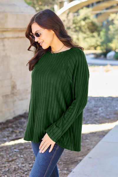 Basic Bae Full Size Ribbed Round Neck Long Sleeve Knit Top *