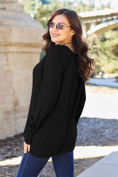 Basic Bae Full Size Ribbed Round Neck Long Sleeve Knit Top *