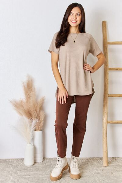Zenana Baby Waffle Light Mocha Short Sleeve Slit High-Low T-Shirt - Brand Zenana *