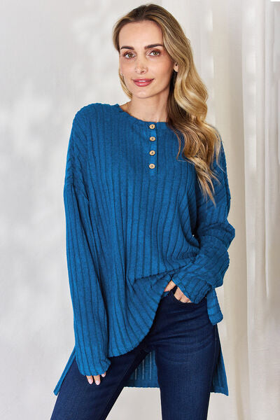 Basic Bae Full Size Ribbed Half Button Long Sleeve High-Low T-Shirt *