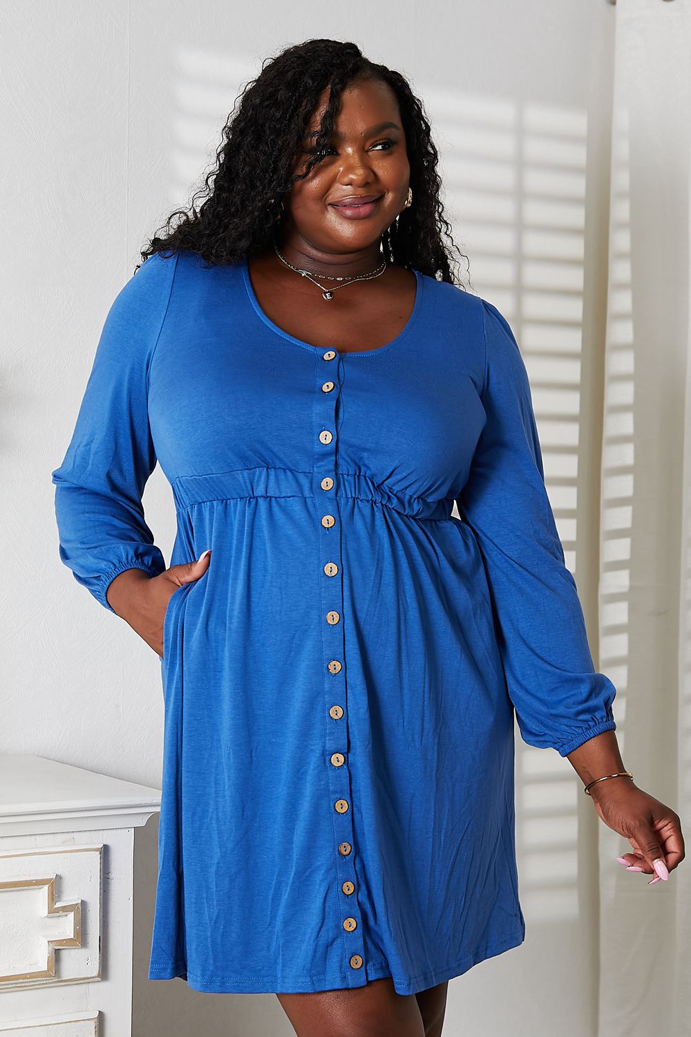 Double Take Full Size Scoop Neck Empire Waist Long Sleeve Magic Dress *