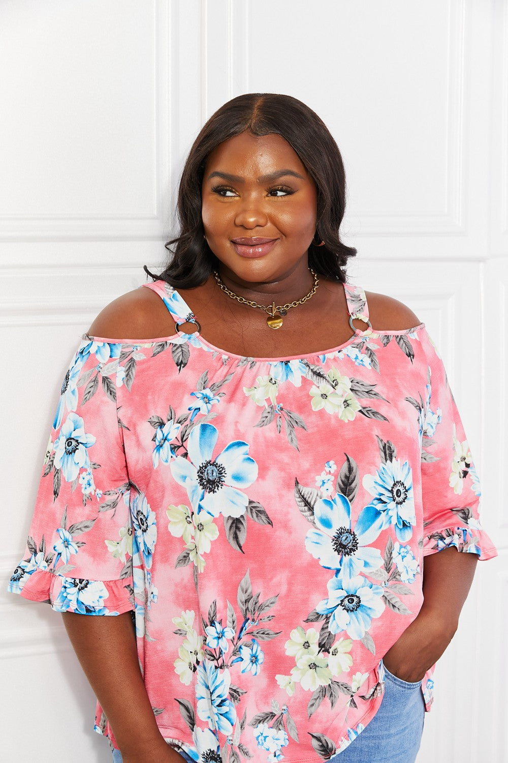 Women's Sew In Love Full Size Fresh Take Floral Short Sleeve Cold-Shoulder Top *