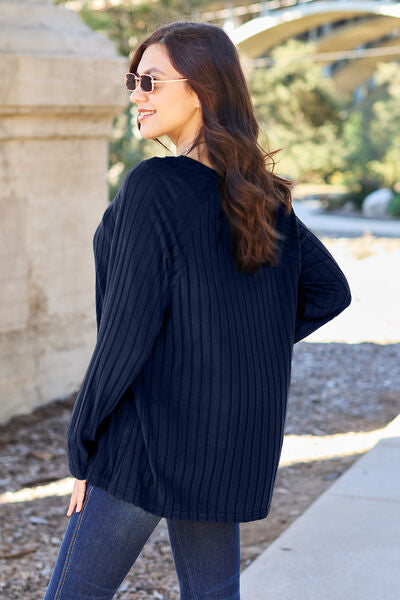 Basic Bae Full Size Ribbed Round Neck Long Sleeve Knit Top *