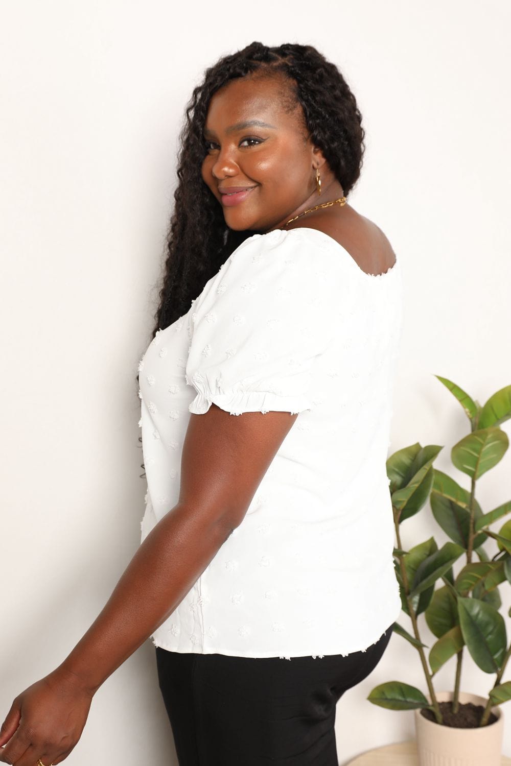 Double Take Full Size White Swiss Dot Puff Sleeve Square Neck Blouse *