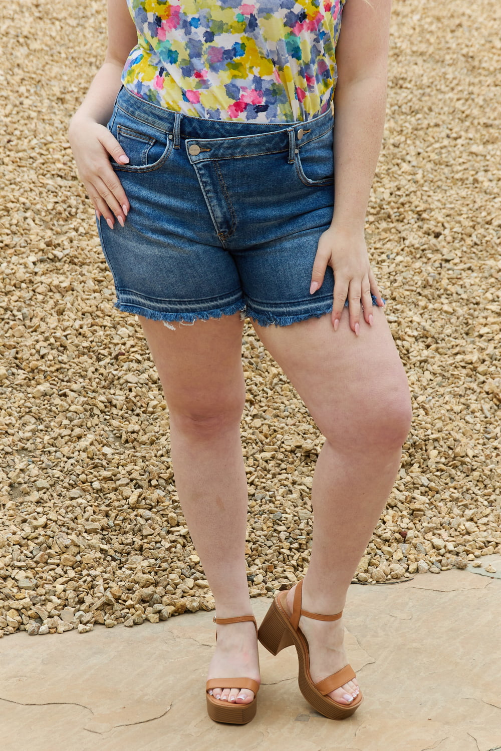 RISEN Maya Full Size Mid Rise Asymmetrical Shorts *