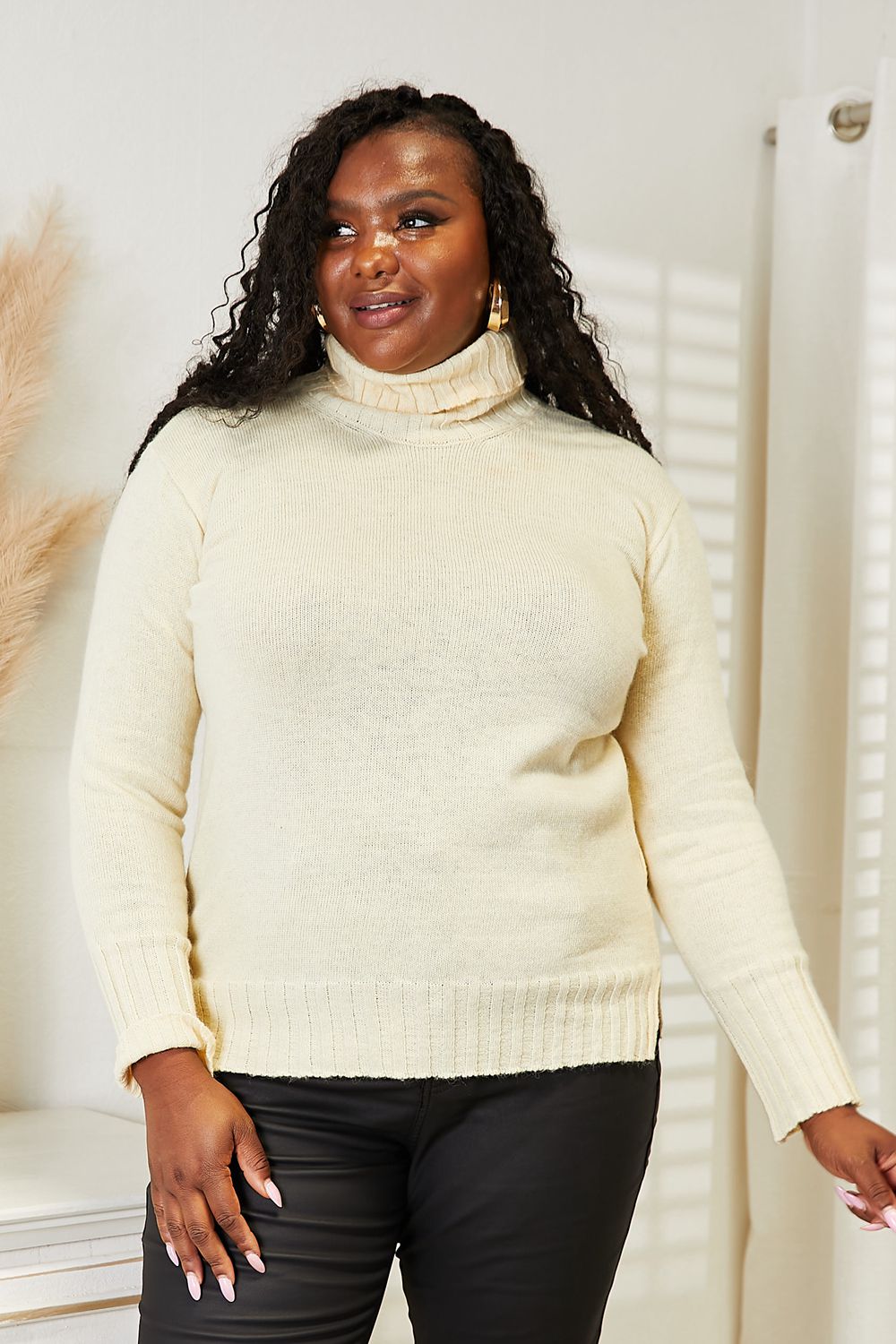 Heimish Cream Full Size Long Sleeve Turtleneck Sweater with Side Slit *