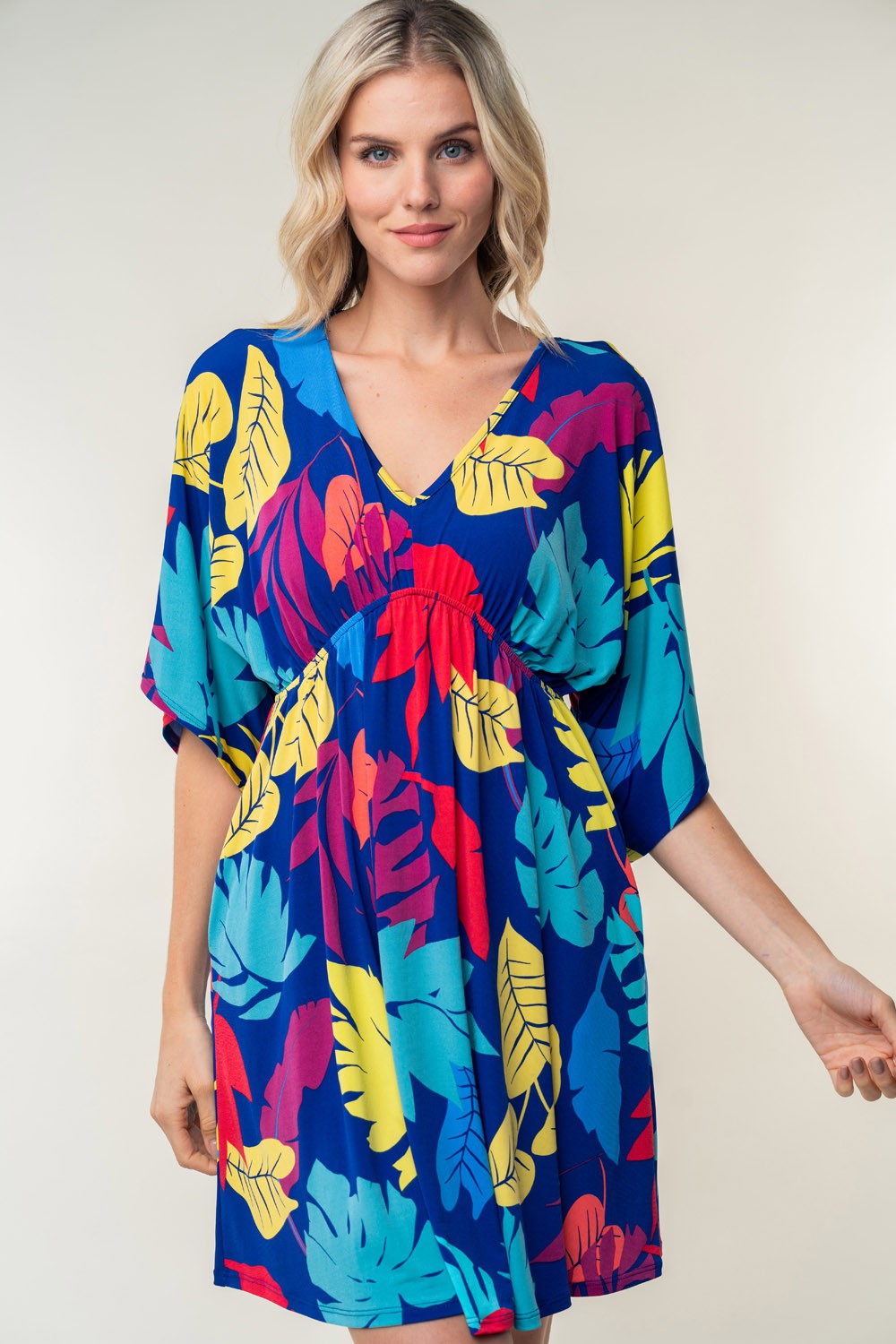 White Birch Full Size Printed V-Neck Mini Dress *