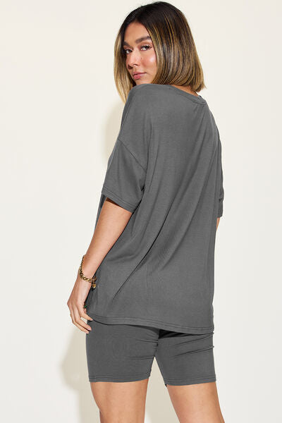 Basic Bae Full Size V-Neck Drop Shoulder Short Sleeve T-Shirt and Shorts Set *