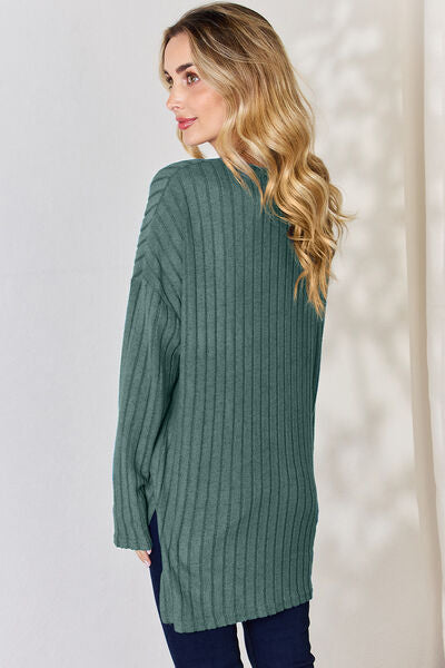 Basic Bae Full Size Ribbed Half Button Long Sleeve High-Low T-Shirt *