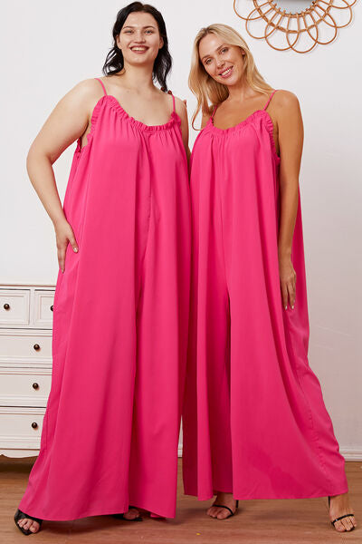 Double Take Full Size Ruffle Trim Tie Back Cami Jumpsuit with Pockets *
