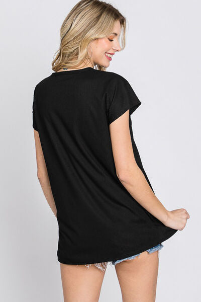 Heimish Full Size Front Button V-Neck Short Sleeve T-Shirt *