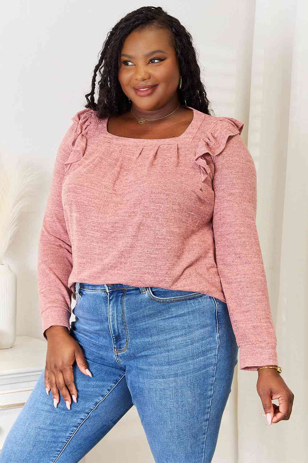 Double Take Square Neck Ruffle Shoulder Long Sleeve T-Shirt *