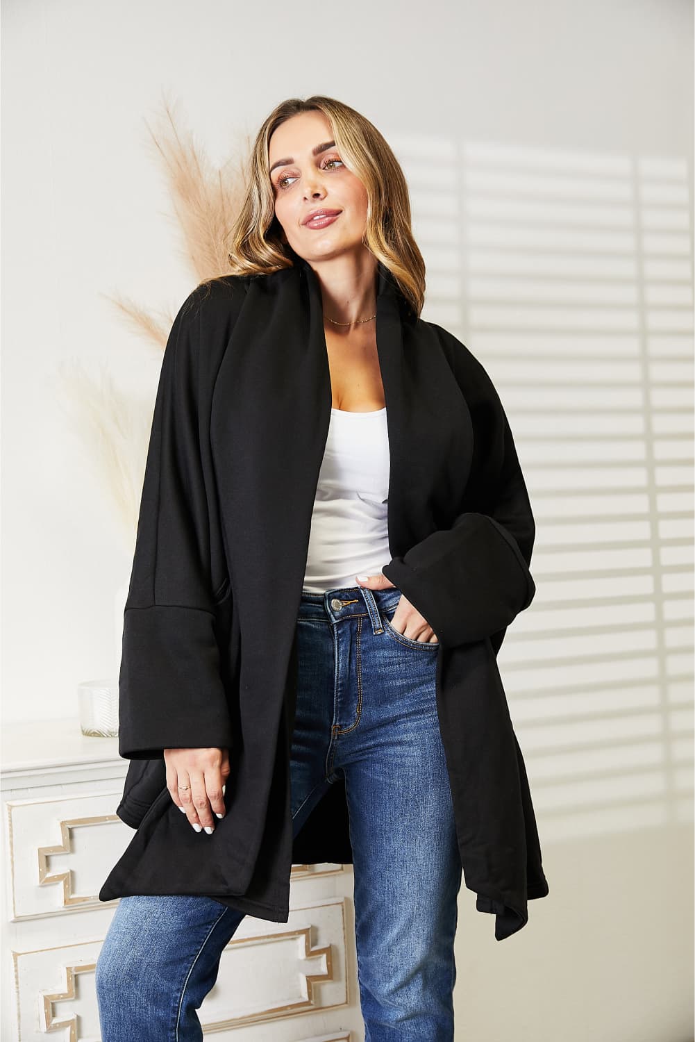 HEYSON Full Size Open Front Black Cardigan with Scarf Design *