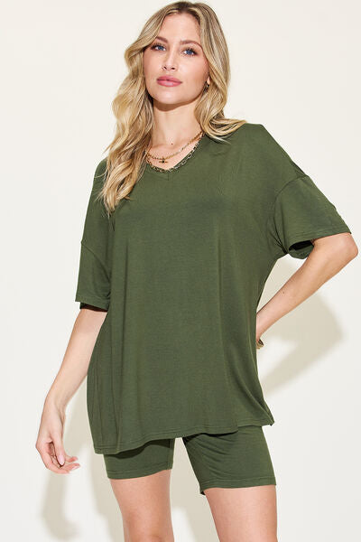 Basic Bae Full Size V-Neck Drop Shoulder Short Sleeve T-Shirt and Shorts Set *