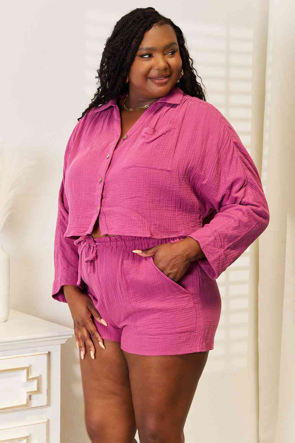 Basic Bae Buttoned Long Sleeve Top and Shorts Set *