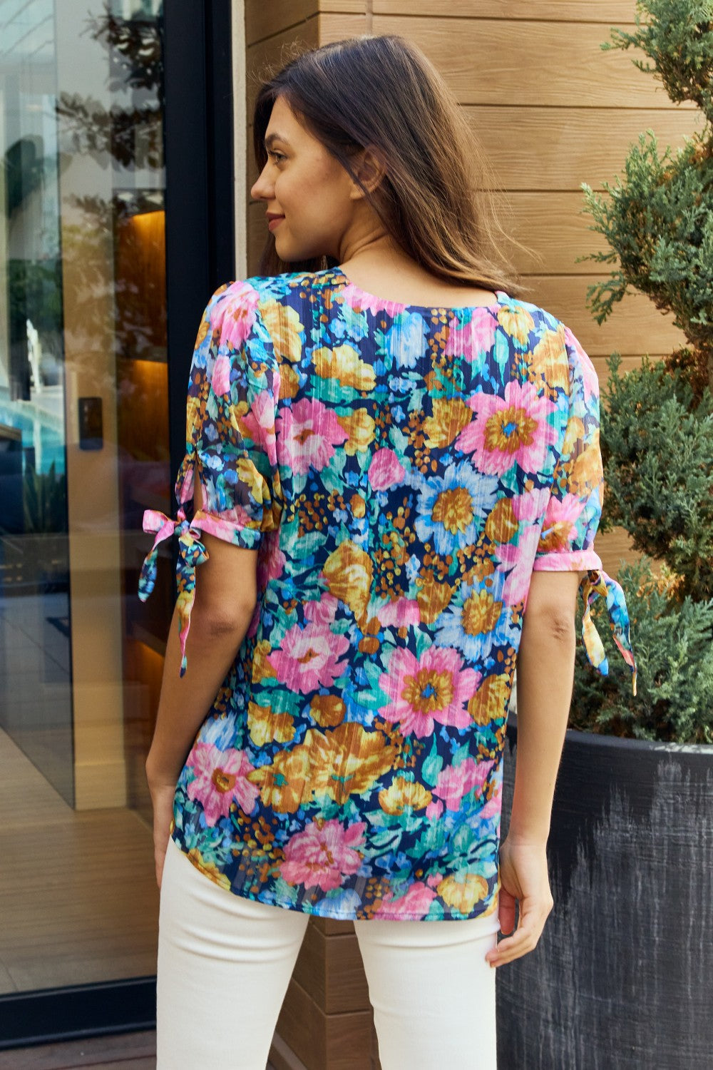 Petal Dew Full Size Floral V-Neck Tie Detail Blouse *