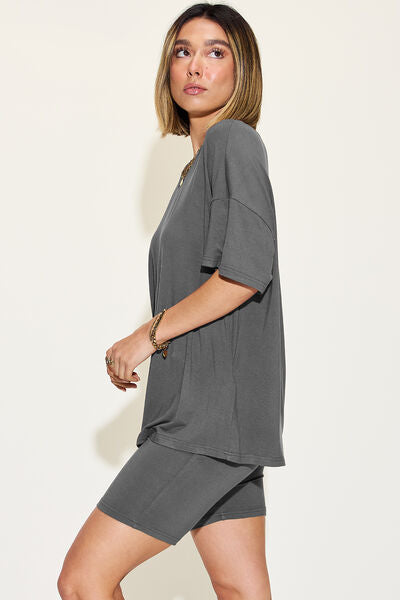 Basic Bae Full Size V-Neck Drop Shoulder Short Sleeve T-Shirt and Shorts Set *