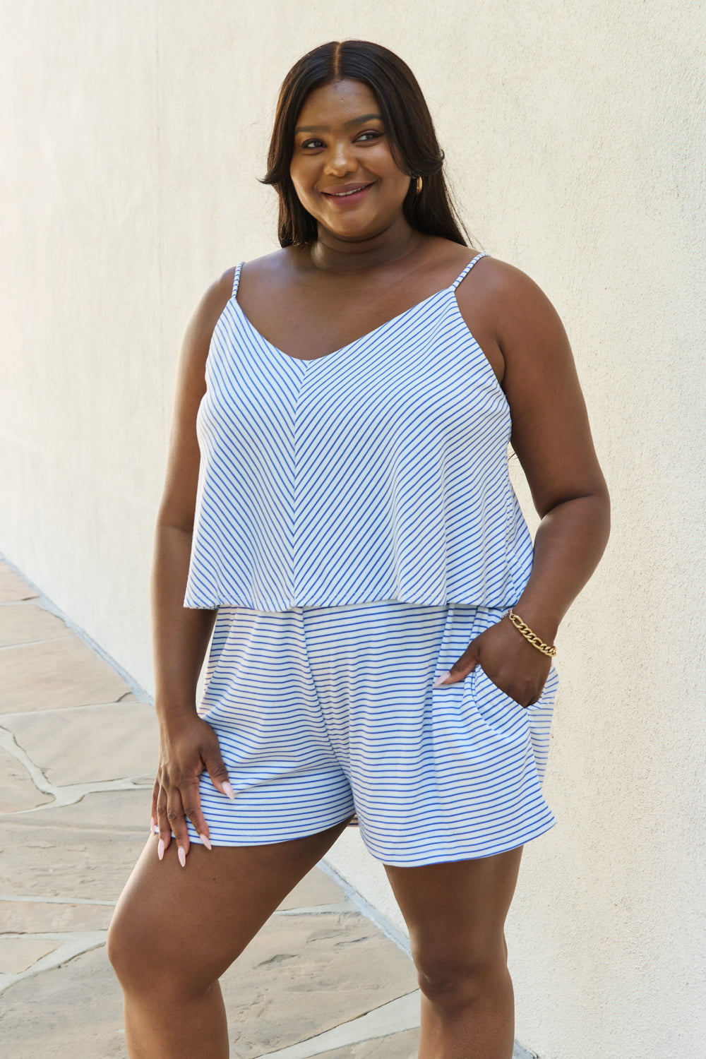 Culture Code Let It Happen Full Size Double Flare Striped Romper *