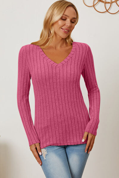 Basic Bae Full Size Ribbed V-Neck Long Sleeve T-Shirt *