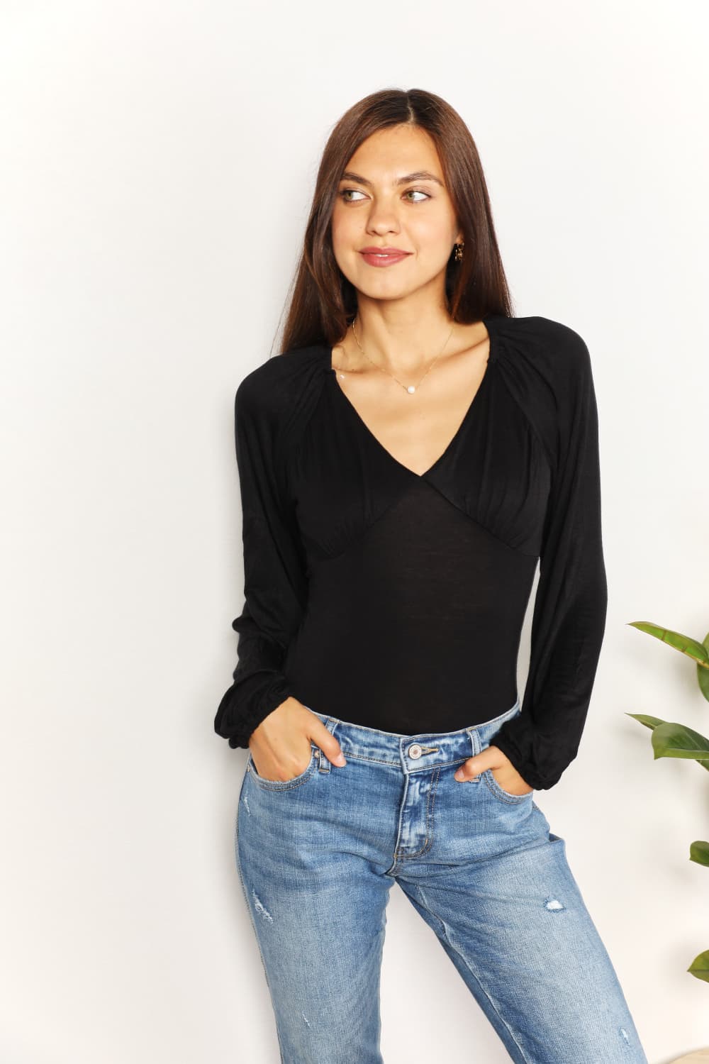 Culture Code Black Full Size V- Neck Bodysuit *