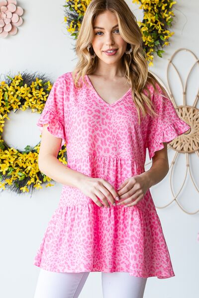 Heimish Full Size Leopard Ruffle Trim Short Sleeve Top *