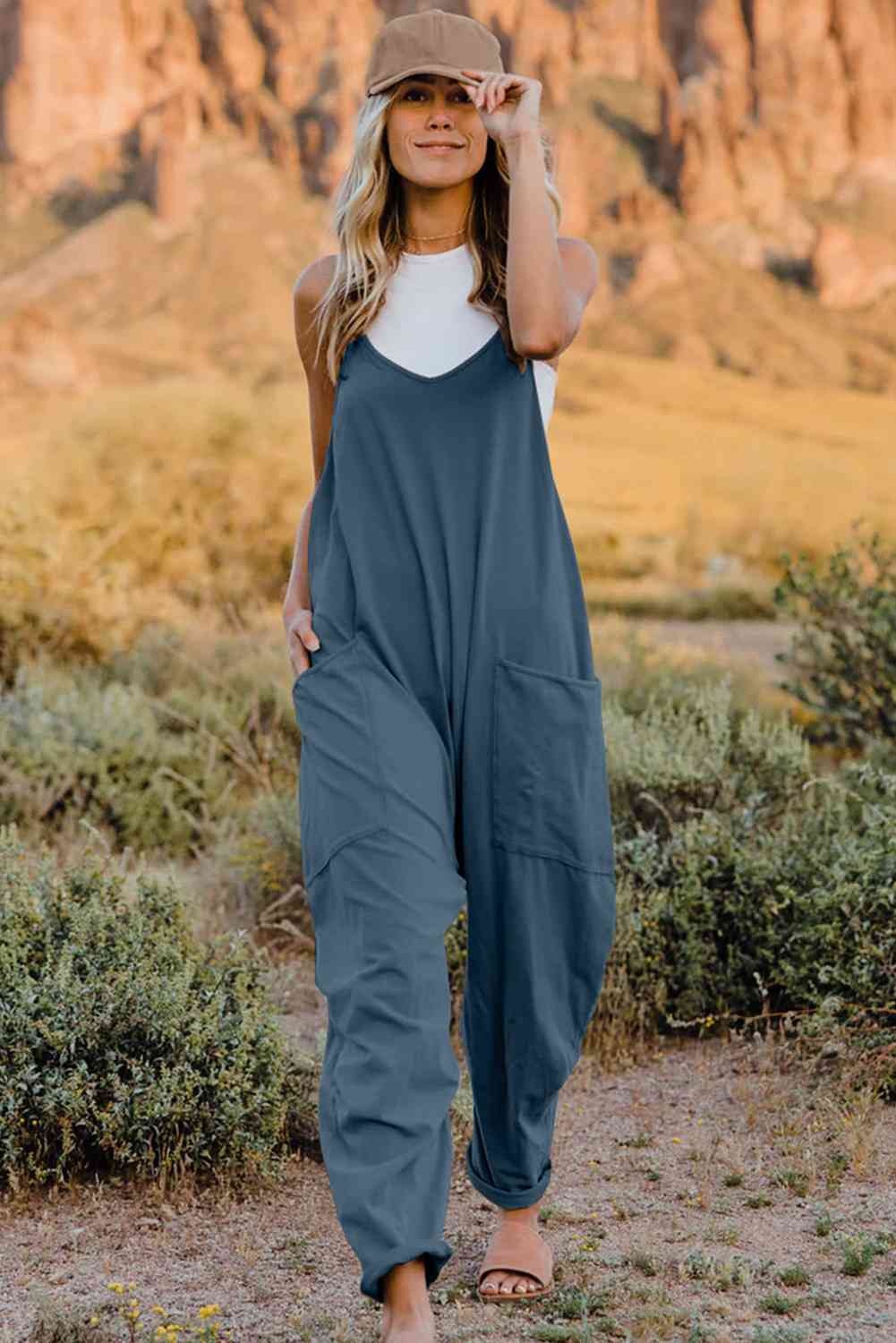 Double Take Full Size V-Neck Sleeveless Jumpsuit with Pockets *