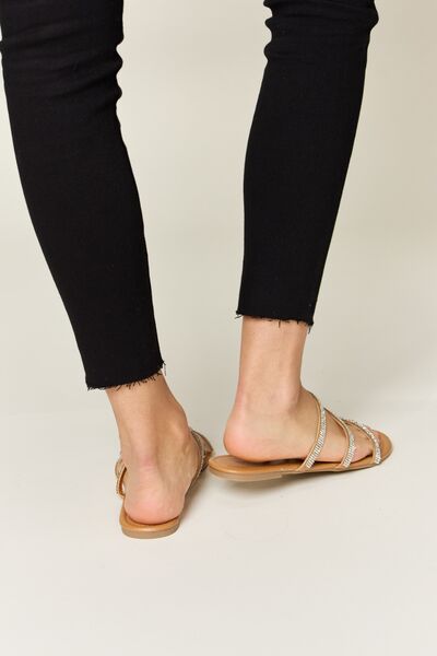 WILD DIVA Rhinestone Three-Strap Flat Sandals *