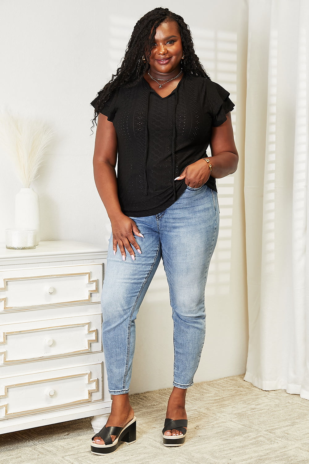 Double Take Black Full Size Eyelet Tie-Neck Flutter Sleeve Blouse *