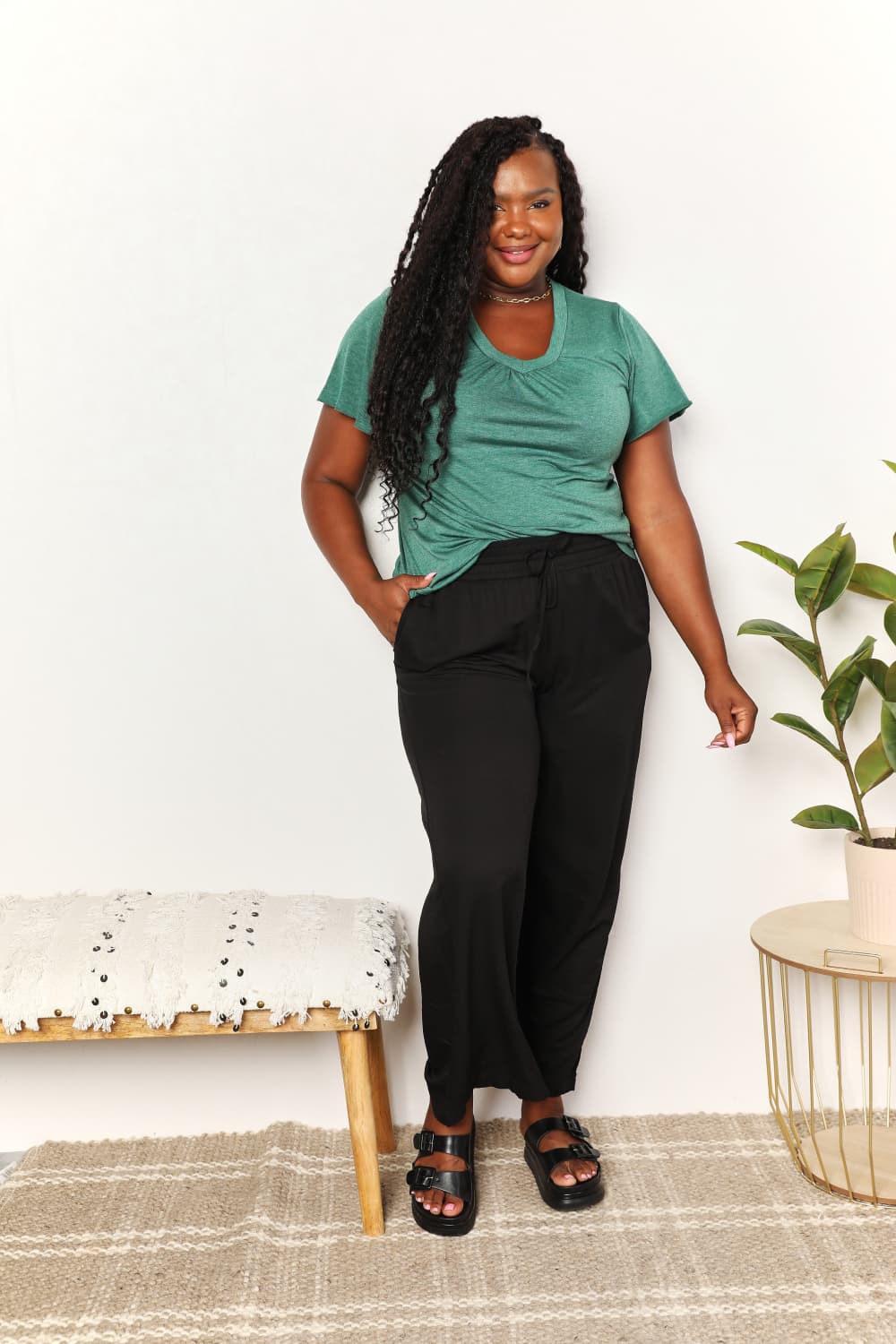 Full Size Double Take Ruched V-Neck Short Sleeve T-Shirt *