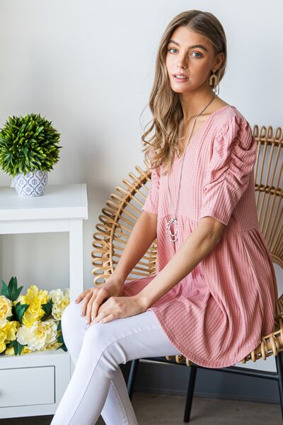 Heimish Full Size Waffle Knit V-Neck Babydoll Top *