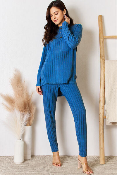Basic Bae Full Size Ribbed Round Neck High-Low Slit Top and Pants Set *