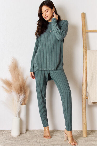 Basic Bae Full Size Ribbed Round Neck High-Low Slit Top and Pants Set *