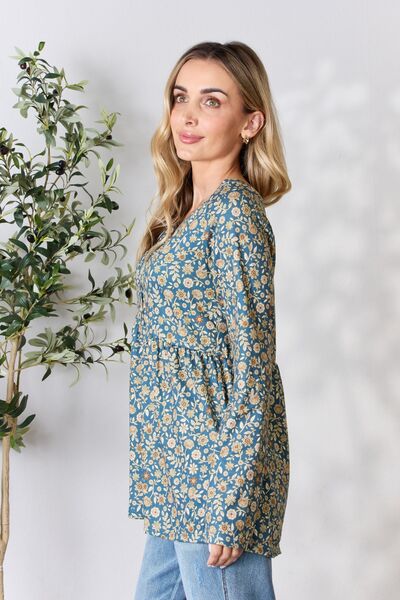Heimish Full Size Floral Half Button Long Sleeve Blouse *