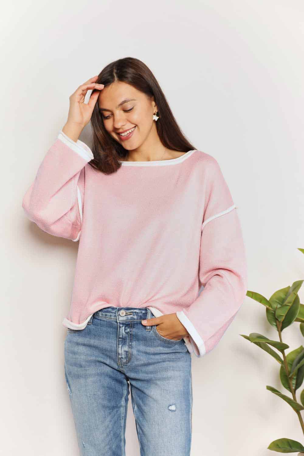 Double Take Blush Pink Contrast Detail Dropped Shoulder Knit Top *