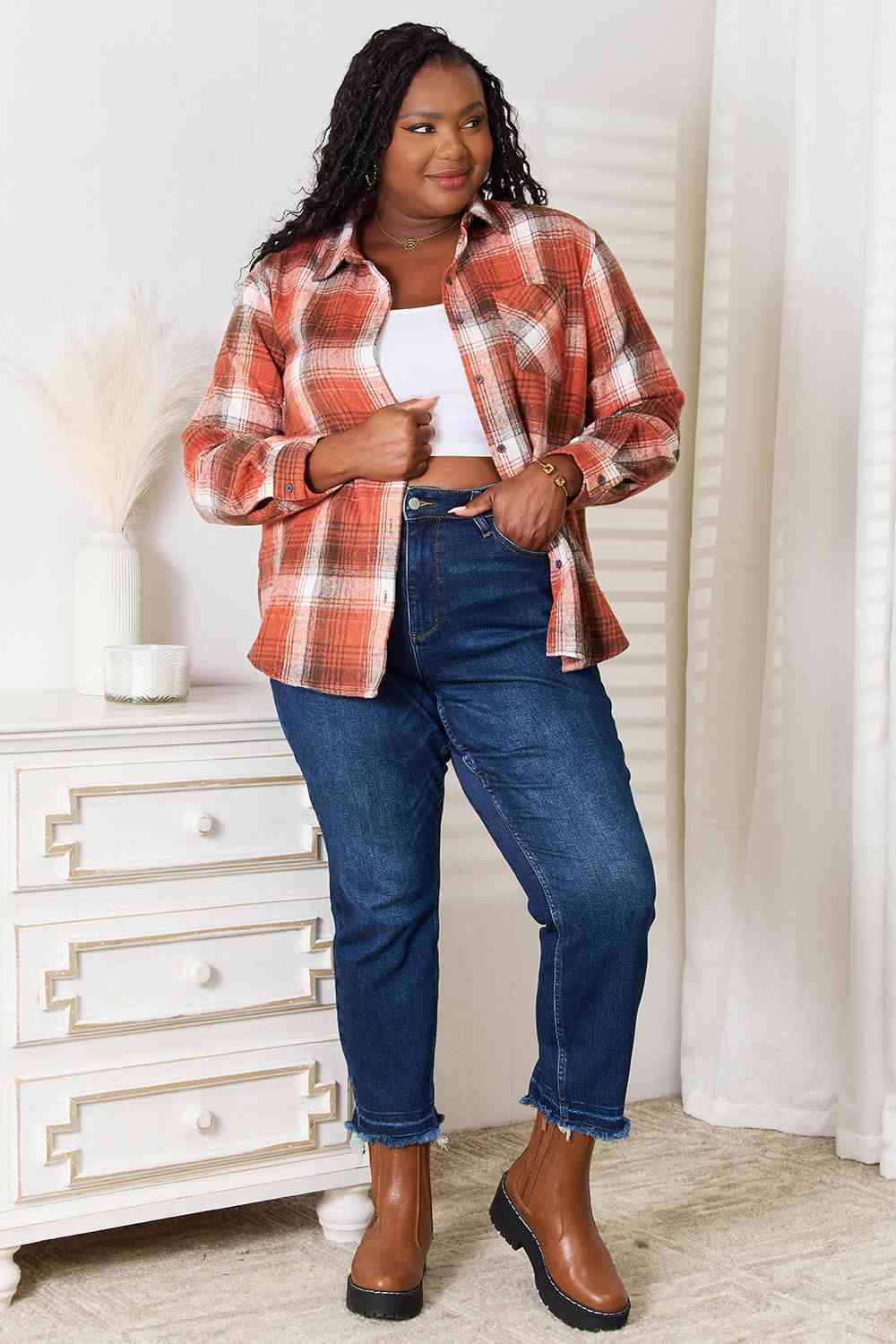 Double Take Plaid Collared Neck Long Sleeve Shirt *