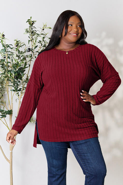 Basic Bae Full Size Ribbed Round Neck Long Sleeve Slit Top *