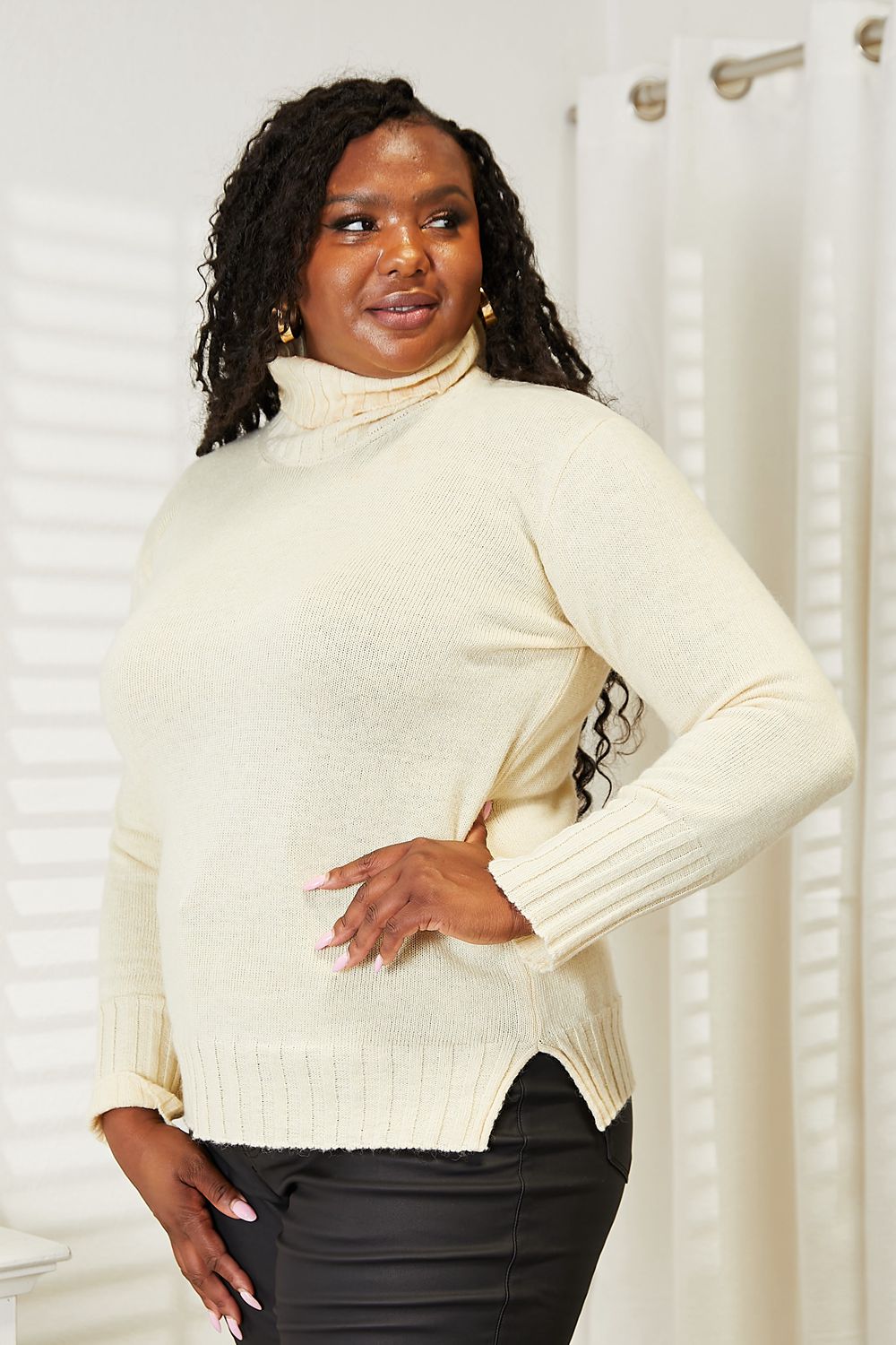 Heimish Cream Full Size Long Sleeve Turtleneck Sweater with Side Slit *