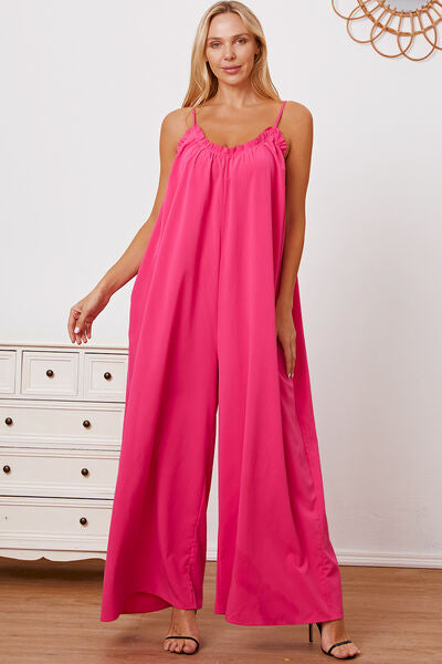 Double Take Full Size Ruffle Trim Tie Back Cami Jumpsuit with Pockets *